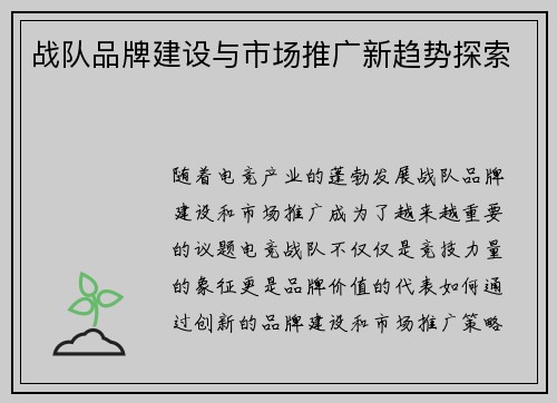 战队品牌建设与市场推广新趋势探索